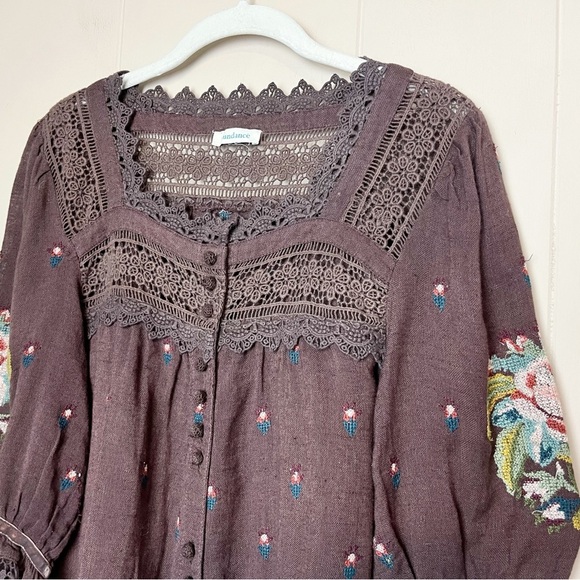 Embroidered Lace Trim Blouse - Brown - Picture 2 of 11